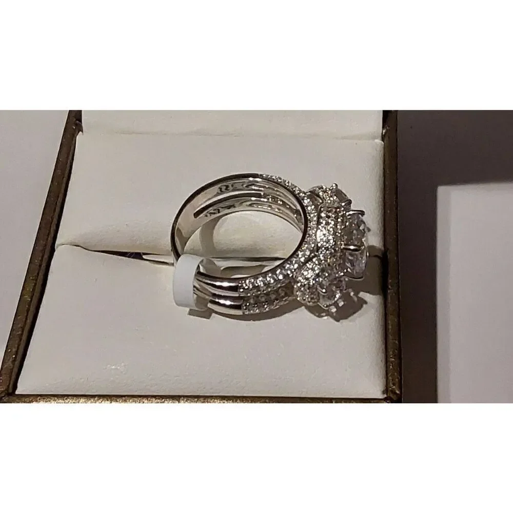 Gorgeous 9.4 Ct. Genuine Diamond Simulant Three Stone Halo Pave Wedding Ring #8